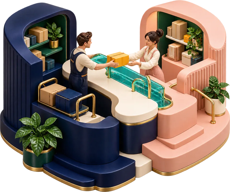 Sculptural illustration of a supplier handing a parcel across a counter